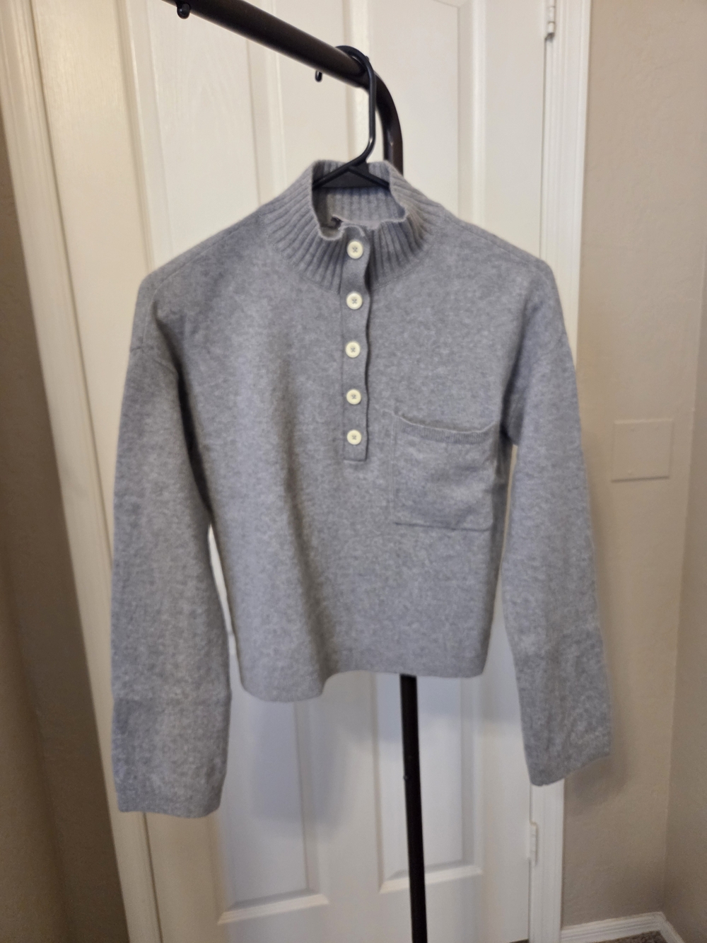 Everlane Light Gray Mock Neck Button Pullover Sweater - Recycled Cashmere/Wool